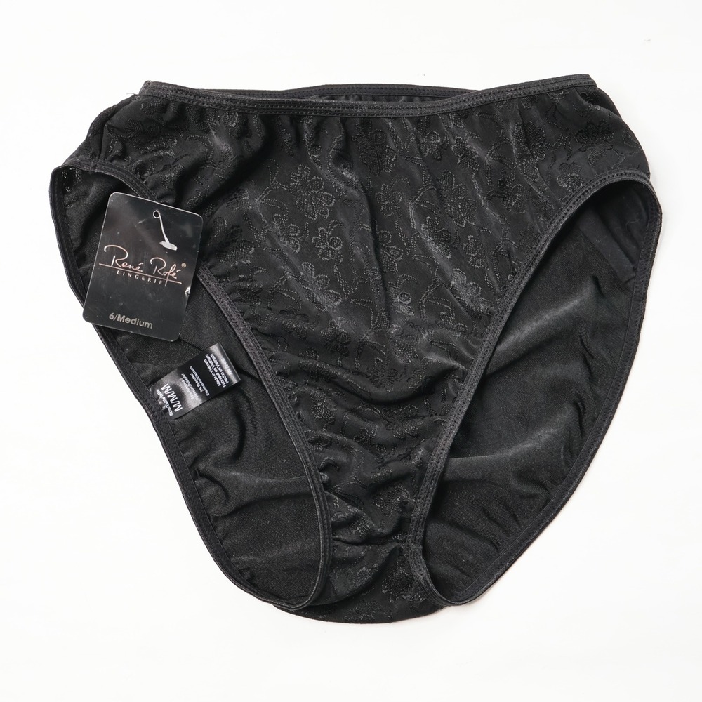 Rene‎ Rofe Lingerie Black Floral Textured High Cut Brief Panties Size Medium NWT